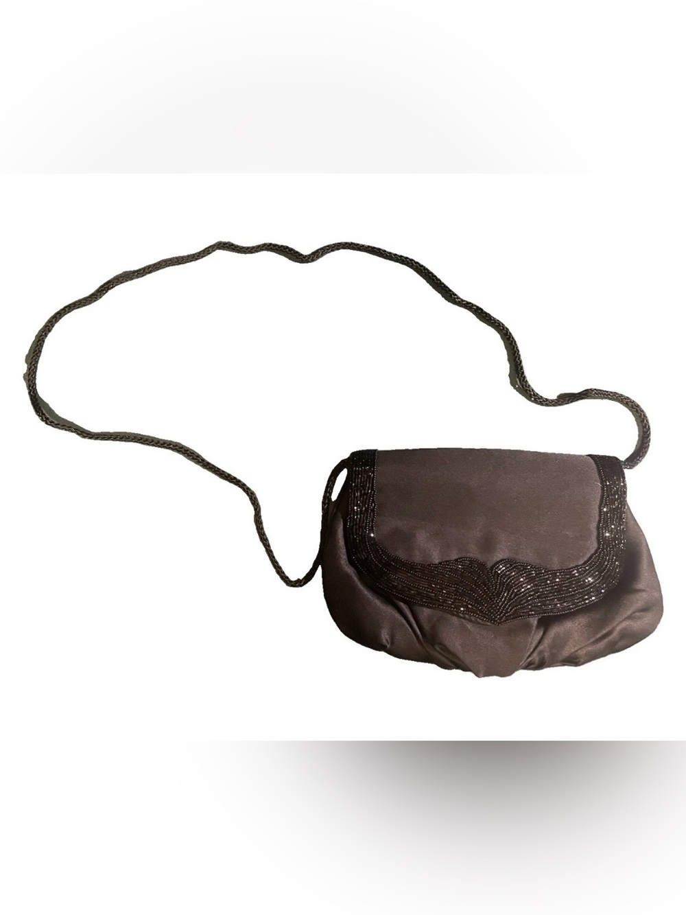La Regale Vintage Beaded Evening Bag Black Satin Exterior Woven Strap
